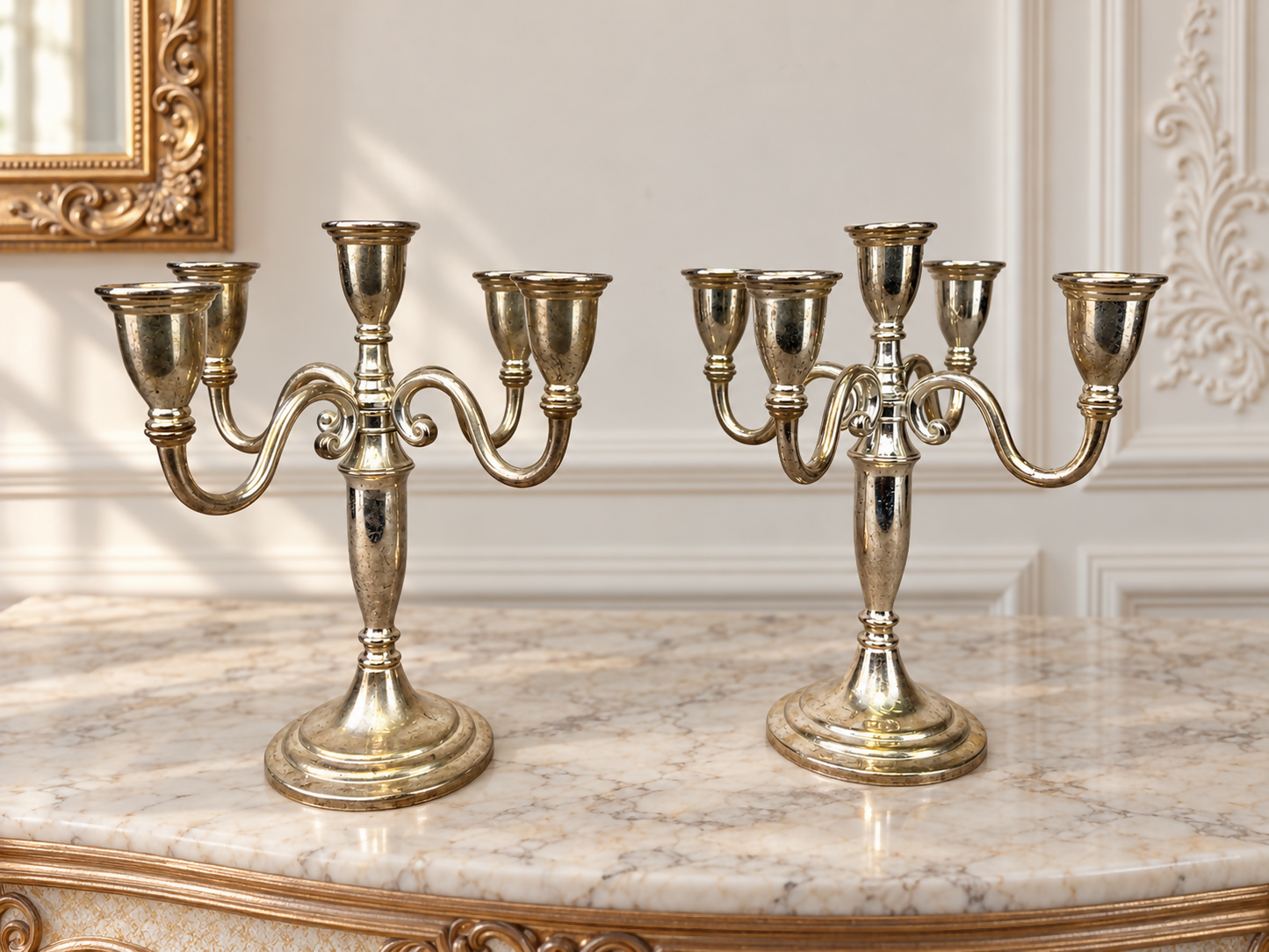 Pair of Candelabras Vintage French Style Metal Five Arm Candle Holders LOT 6485