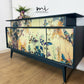 Refinished G Plan sideboard in deep blue with pretty floral and botanical, e Gomme, Tola, deep teal, maximalist, tv stand, cocktail cabinet