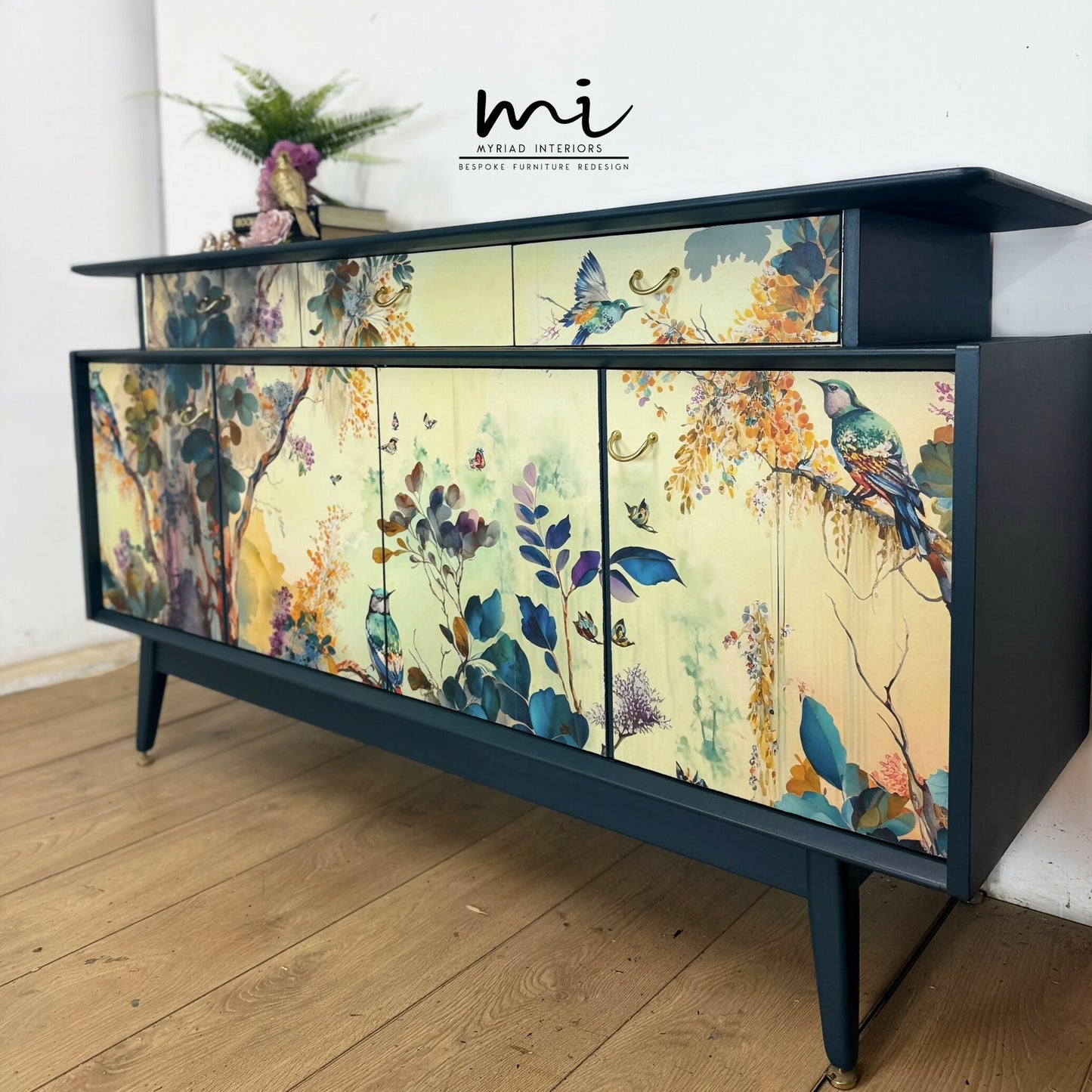 Refinished G Plan sideboard in deep blue with pretty floral and botanical, e Gomme, Tola, deep teal, maximalist, tv stand, cocktail cabinet