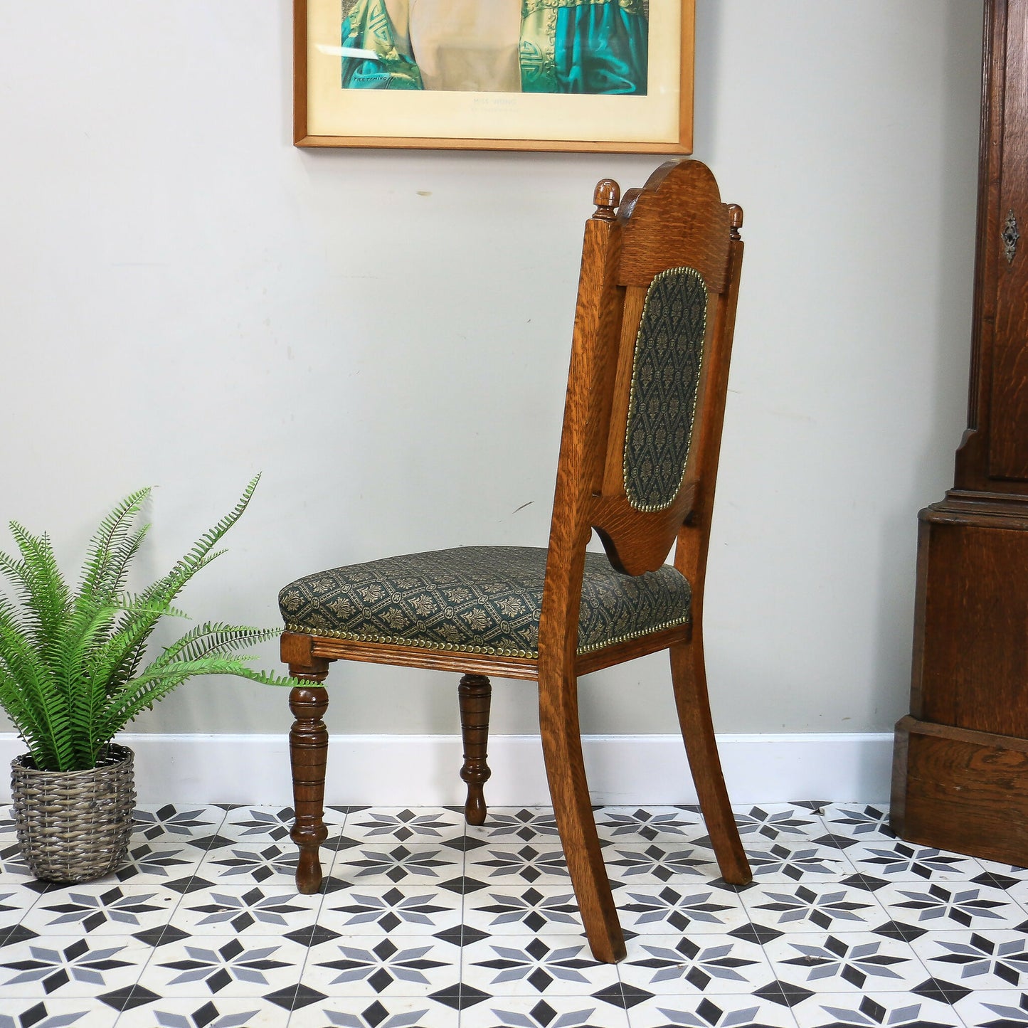Victorian Side or Hall Chair Carved Back in Solid Oak with Green and Gold Fabric