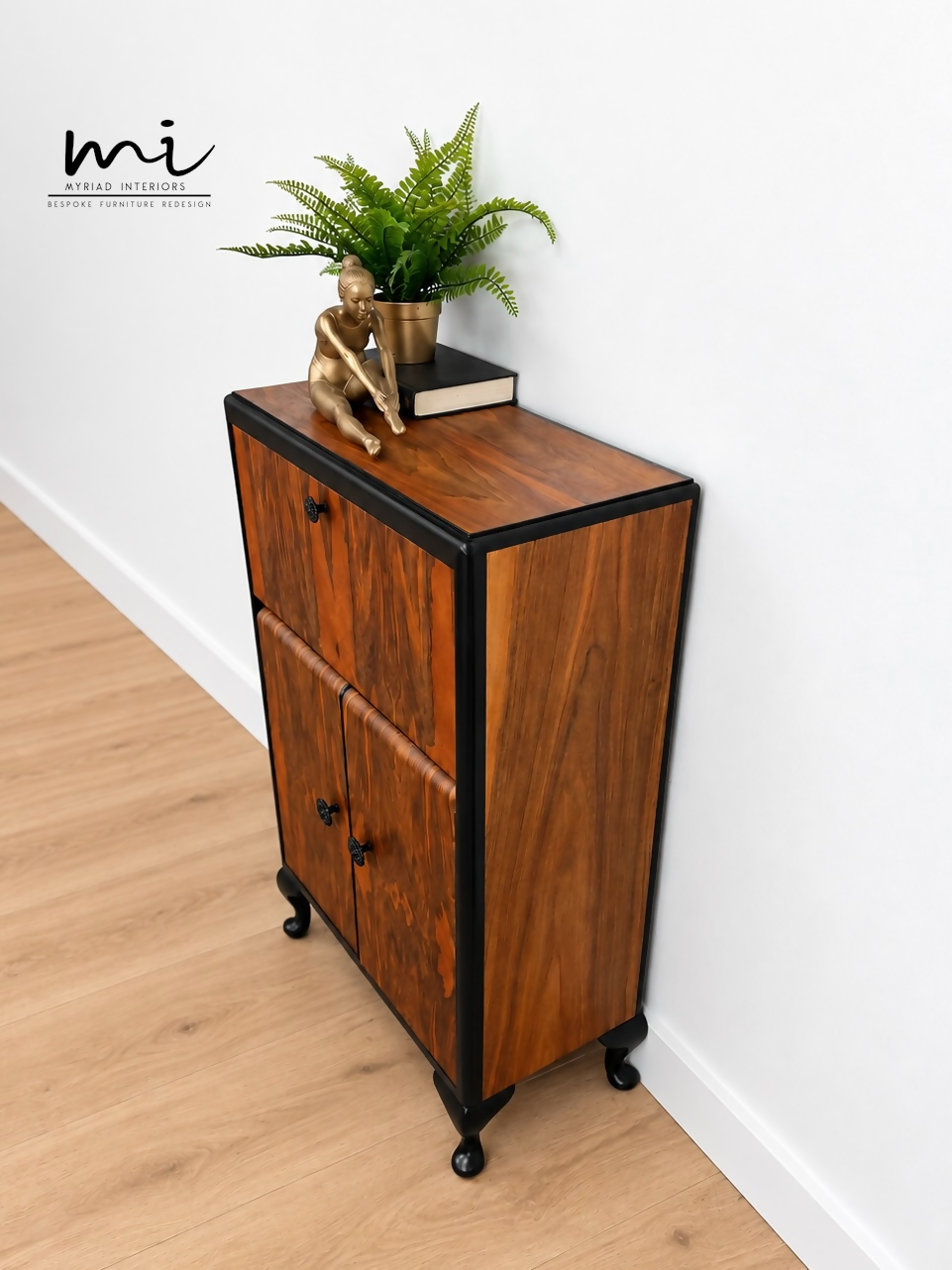 Refurbished Petit Art Deco Burl Walnut Cocktail Cabinet, black and gold drinks cabinet