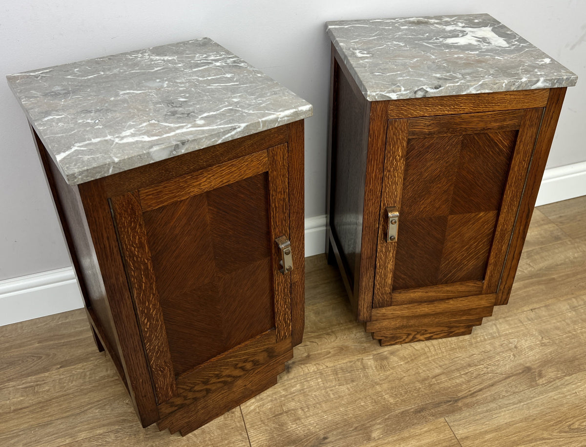 Pair of Bedside Tables Antique French Style Oak Marble Top Cabinets LOT 6573