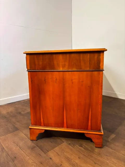 Reproduction Yew Wood Pedestal Desk with Green Leather