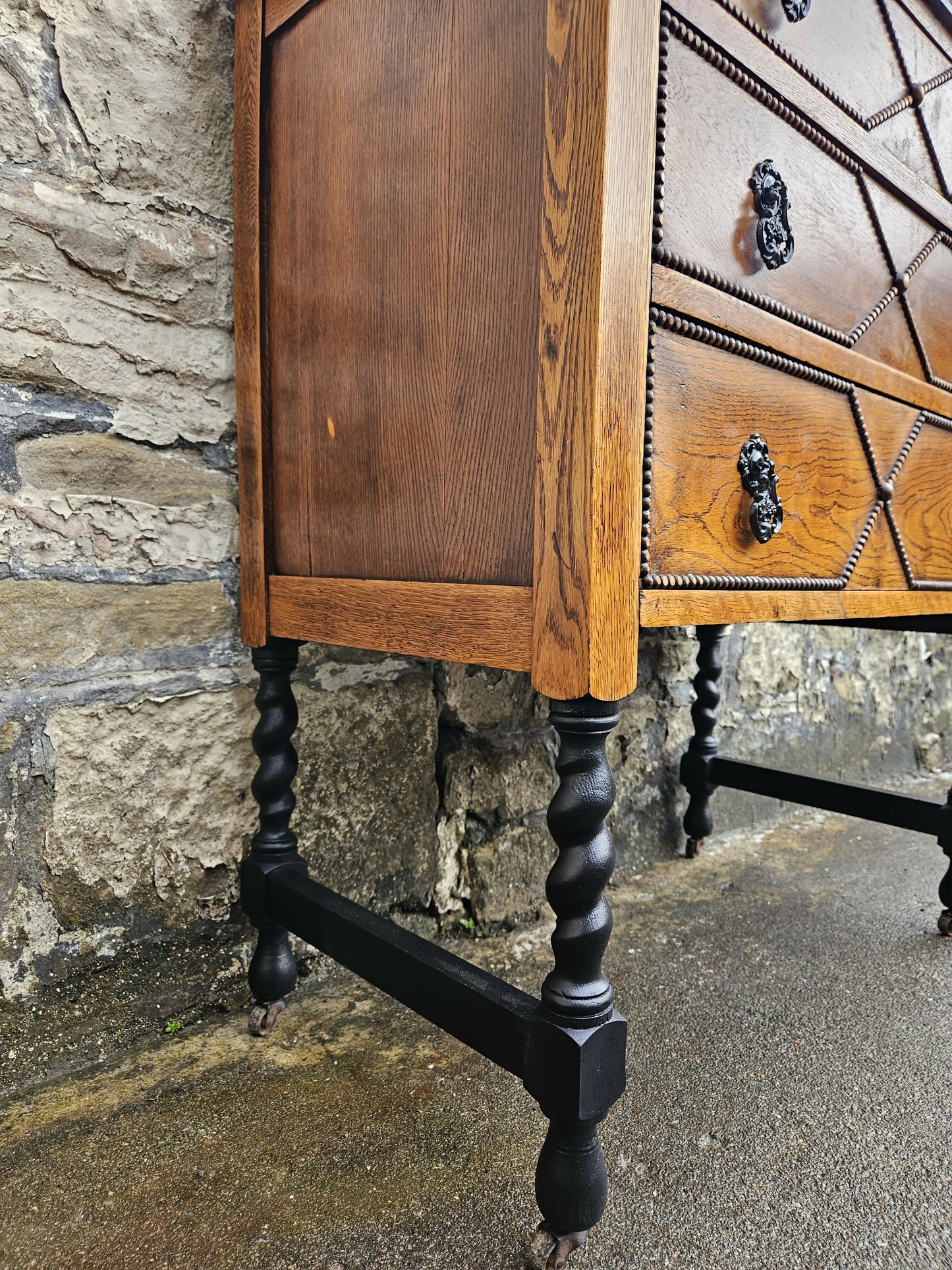Vintage Oak Chest Of Drawers Three Drawer Lovely Detailing Super Proportions Ebonised In Black