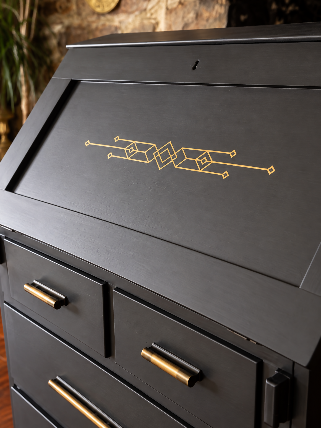 Art Deco Writing Bureau Black & Gold Secretary Desk