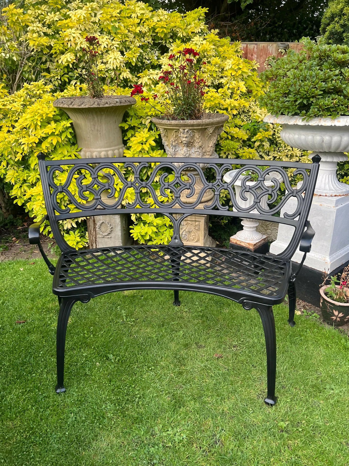 Black Vintage Large Patio Set 4 Benches, Parasol and Heat Lamps