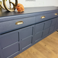 Refinished mid century Nathan sideboard drinks cabinet, navy blue with art deco chinoiserie inspired design, gold, cocktail, tv media unit