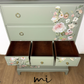 Refinished Stag Minstrel Tallboy Chest Of Drawers in Pale Green with delicate pink floral design