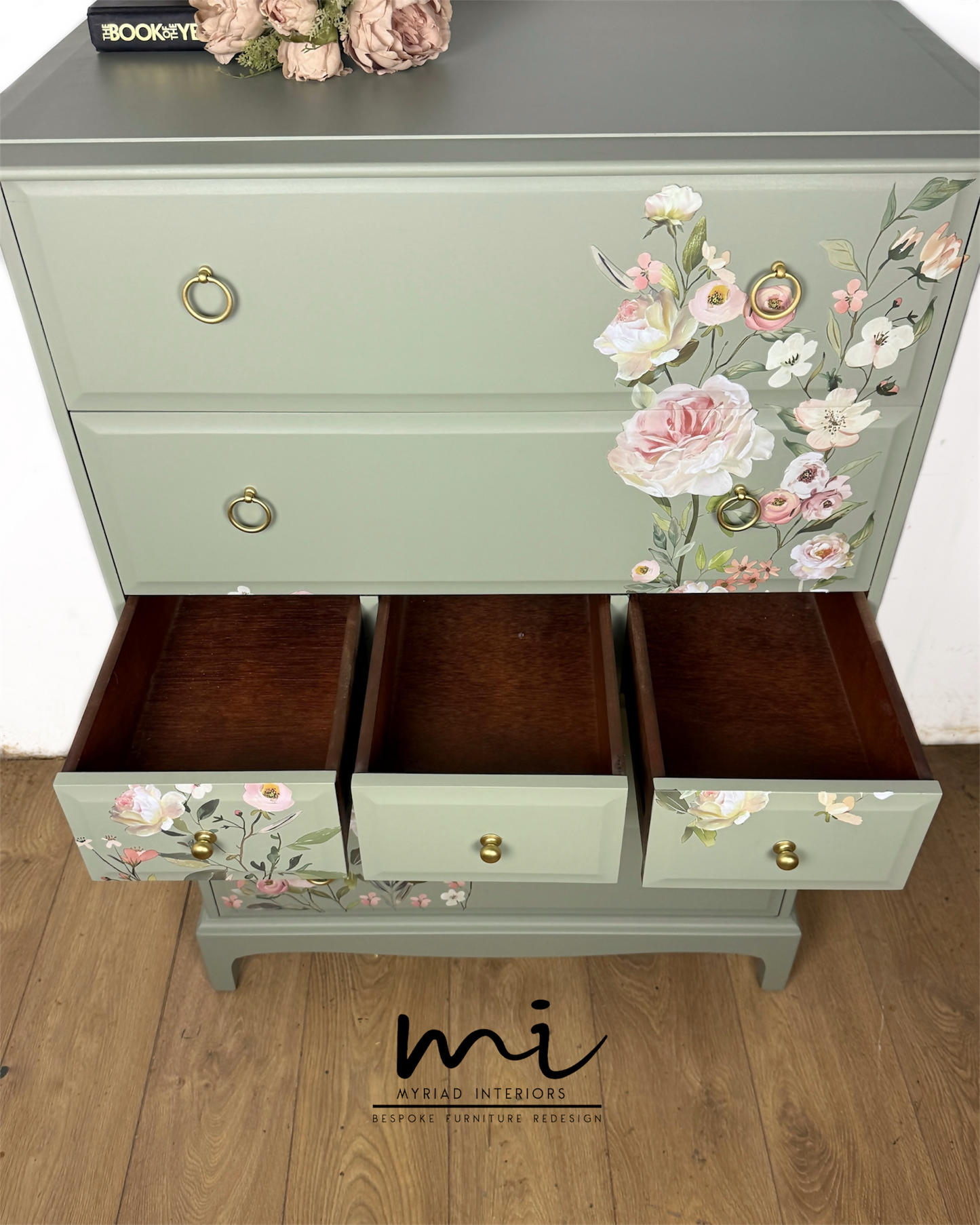 Refinished Stag Minstrel Tallboy Chest Of Drawers in Pale Green with delicate pink floral design