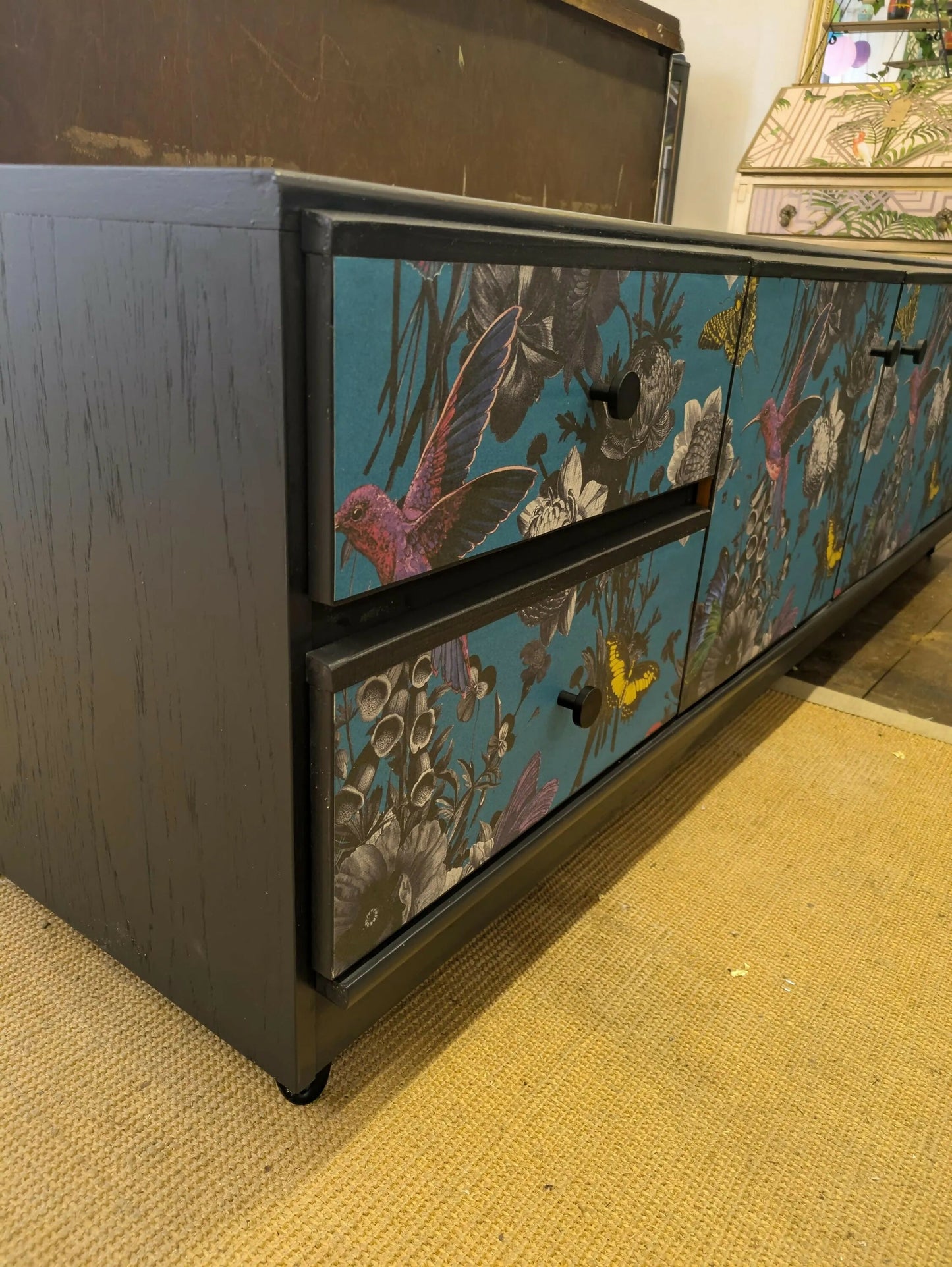 Midcentury Meredew Sideboard: Upcycled Charcoal Grey Floral TV Unit