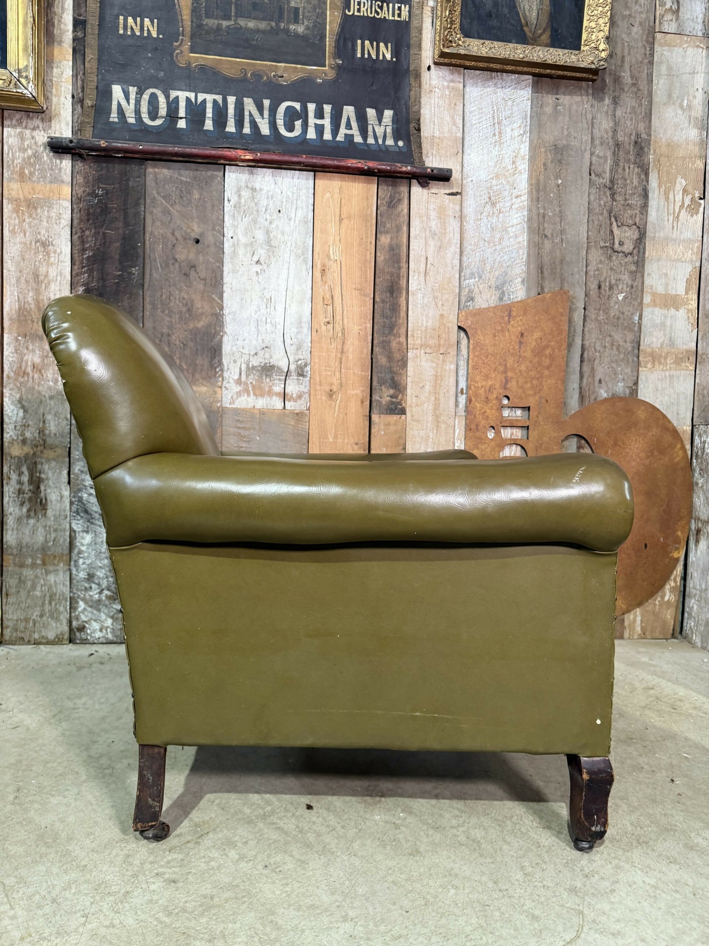 Vintage Edwardian Green Leather Armchair, c.1930