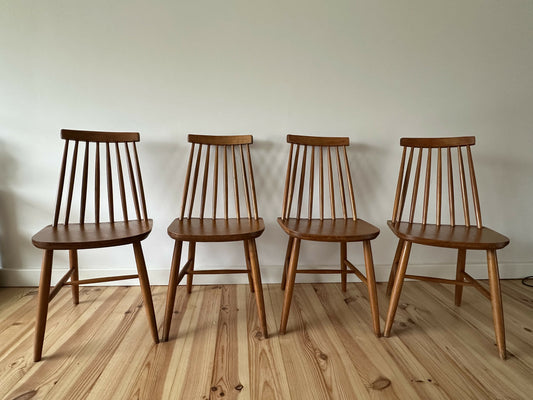 Vintage Set of 4 Mid Century Ercol Style Dining Chairs Stick Back Beech Chairs