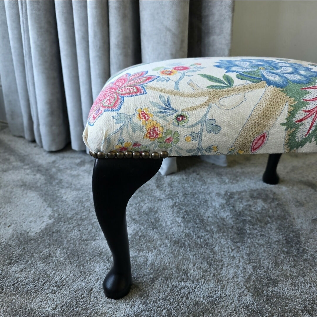 Vintage Footstool Reupholstered in Linwood Linen Wooden Frame & Cabriole Legs.