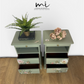 Rare Refinished Vintage Stag Minstrel Tea Tray Bedside Tables In Pale Sage Green With Floral Design, slim, nights stands, mid century