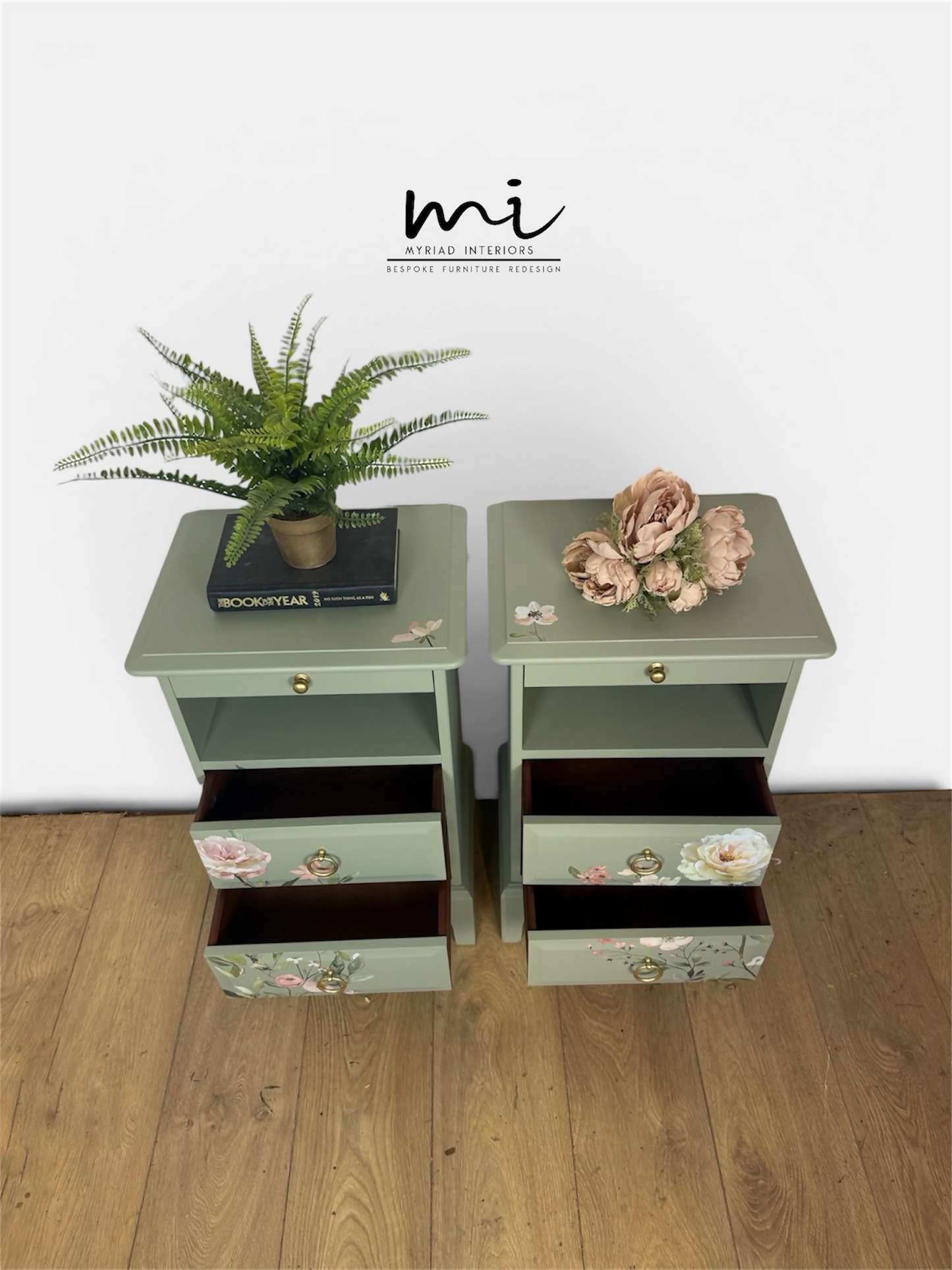Rare Refinished Vintage Stag Minstrel Tea Tray Bedside Tables In Pale Sage Green With Floral Design, slim, nights stands, mid century