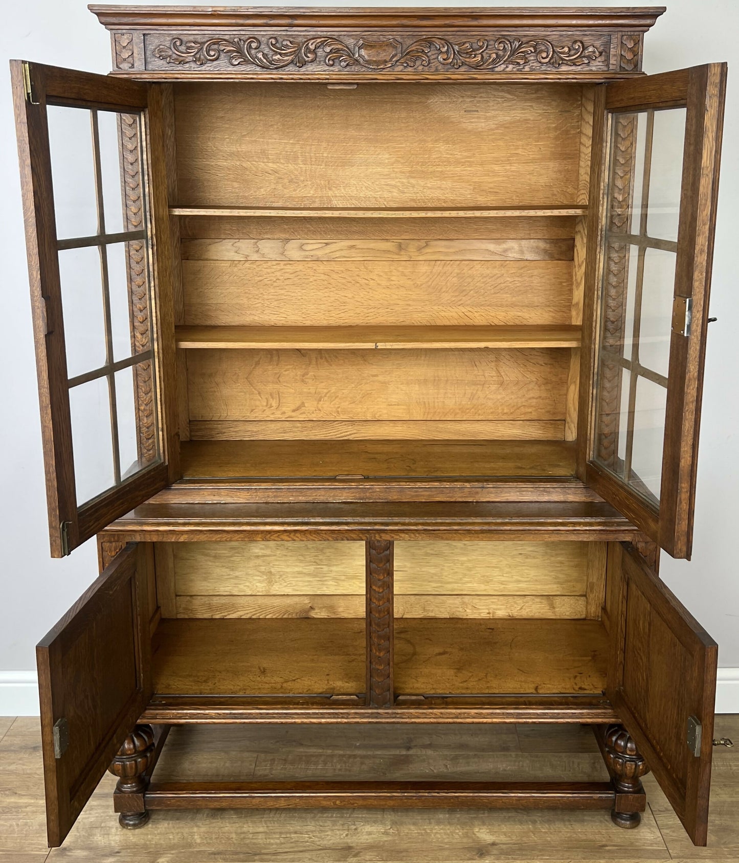Bookcase Vintage French Oak Glazed Display Cabinet Carved Sideboard LOT 6257