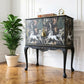Vintage art deco black gold drinks cocktail cabinet unique decoupage tall queen Anne cabinet bar