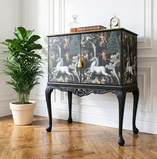Vintage art deco black gold drinks cocktail cabinet unique decoupage tall queen Anne cabinet bar