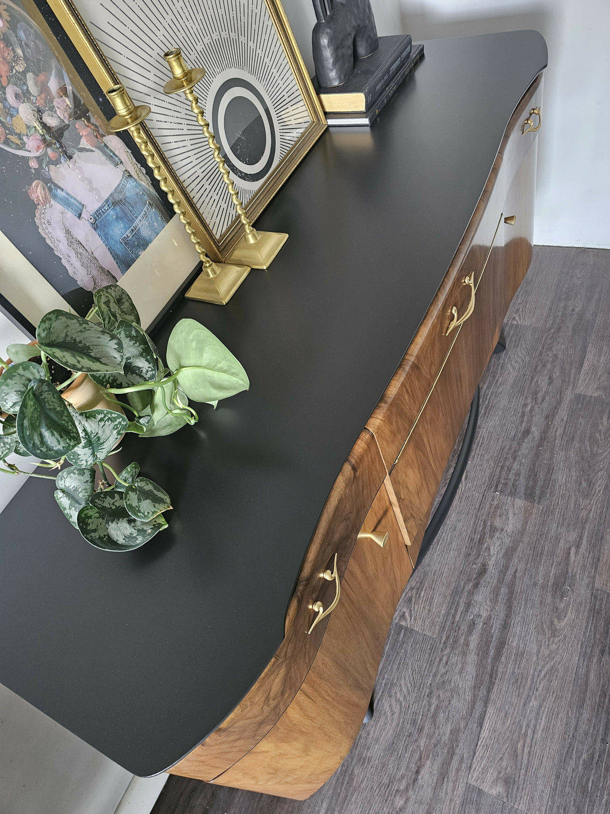 Mid Century Modern Sideboard, Dark Wood and Black Drinks Cabinet, Gold Interior, Original Handles, Crocodile Pattern TV Stand