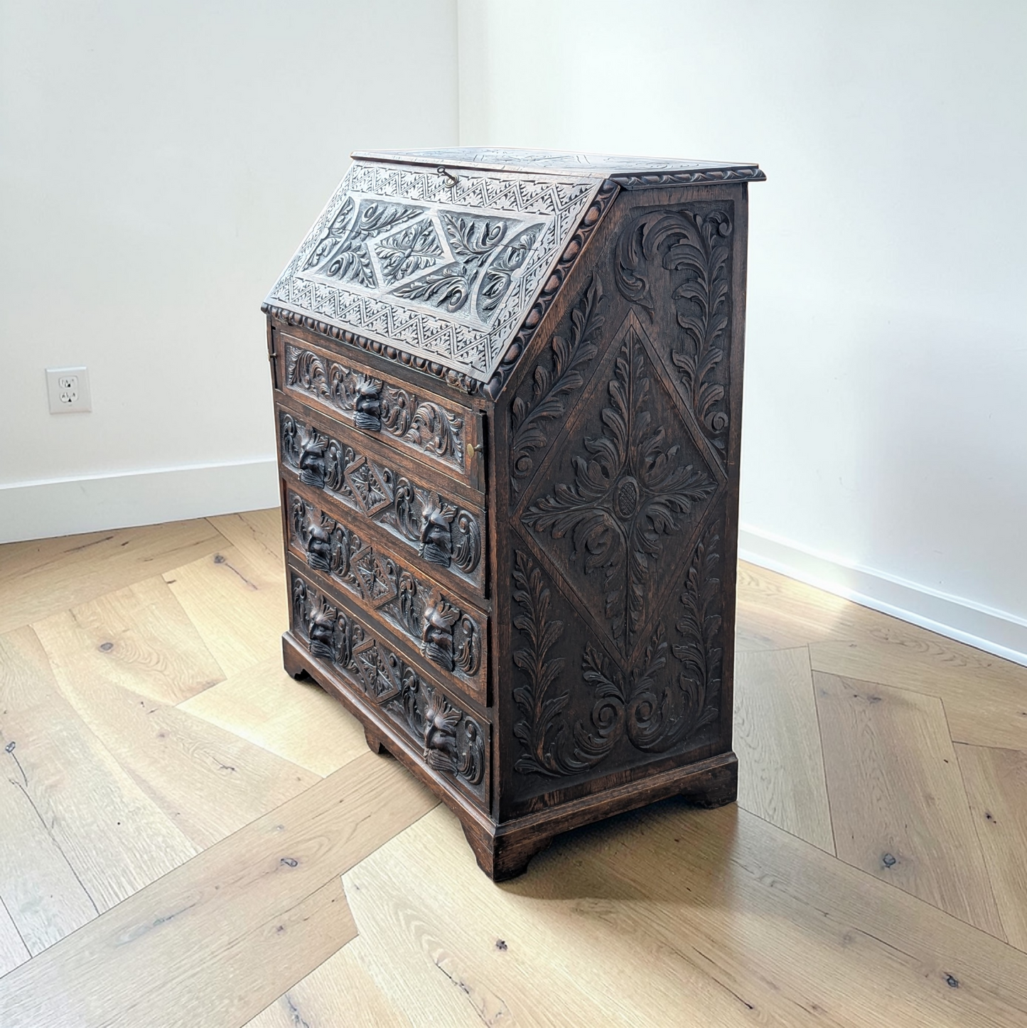Antique Victorian tudor oak hand carved green man bureau dest chest drawers in