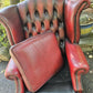 Vintage Oxblood Chesterfield Queen Anne Armchair High Back Button Back Well Worn