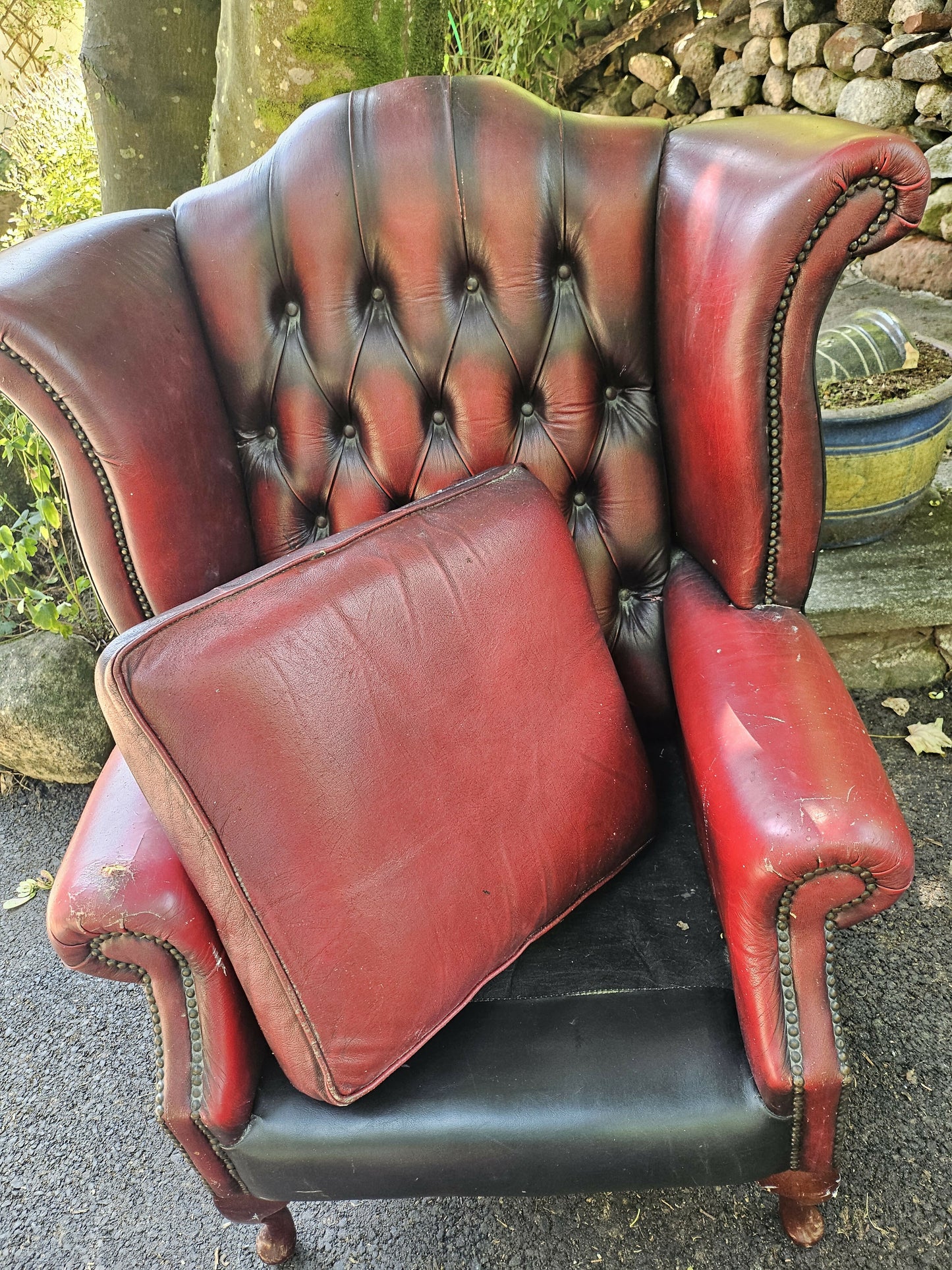 Vintage Oxblood Chesterfield Queen Anne Armchair High Back Button Back Well Worn