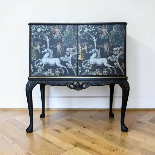 Vintage art deco black gold drinks cocktail cabinet unique decoupage tall queen Anne cabinet bar