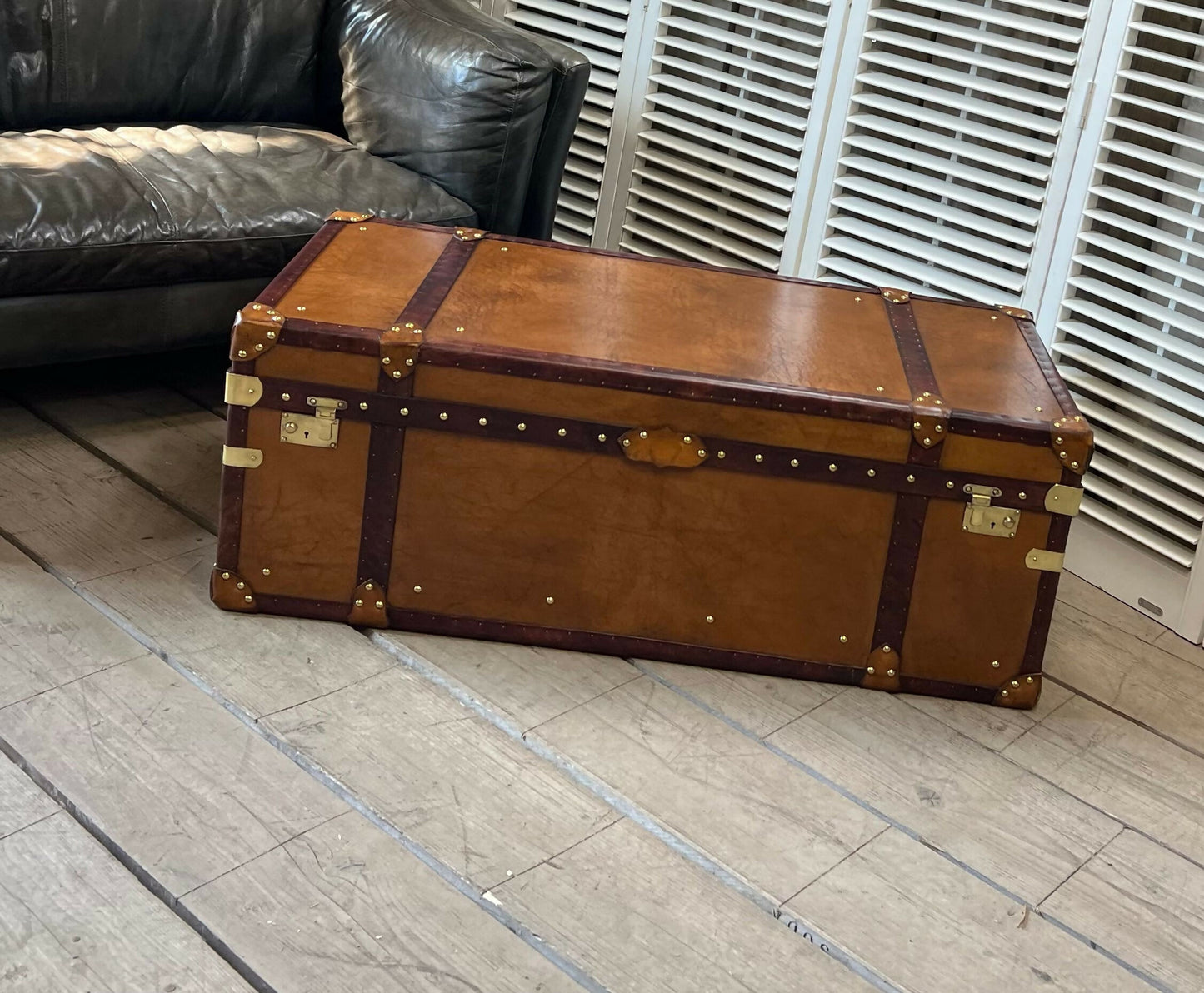 Luxury Handmade Tan Leather Coffee Table Trunk bespoke order for bridle