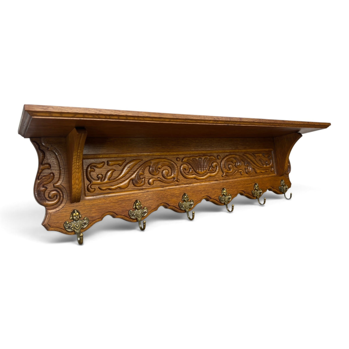 Coat Rack Vintage French Oak 6 Hooks Wall Shelf Carved Coat Hanger LOT 6551