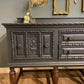 Vintage carved large dark grey & oak sideboard