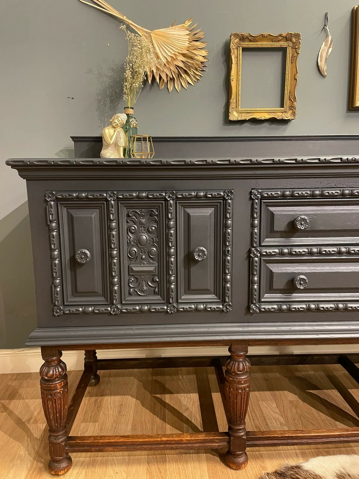 Vintage carved large dark grey & oak sideboard