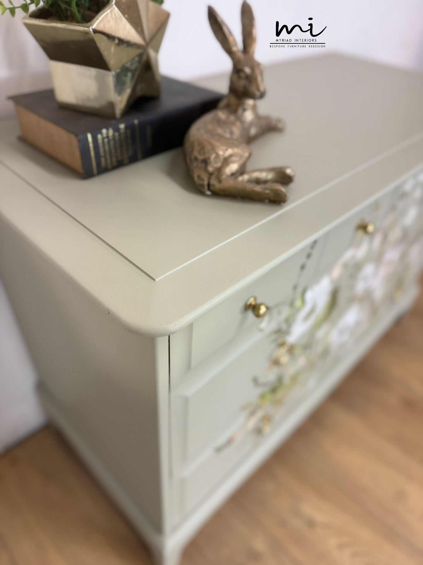 Refinished Stag Minstrel 4 over 2 chest of drawers in eucalyptus green with pretty floral design, dresser, dressing table pale sage, vintage