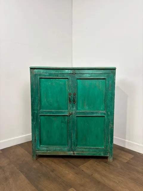 Reclaimed Indian Wood Rustic Green Distressed Cupboard
