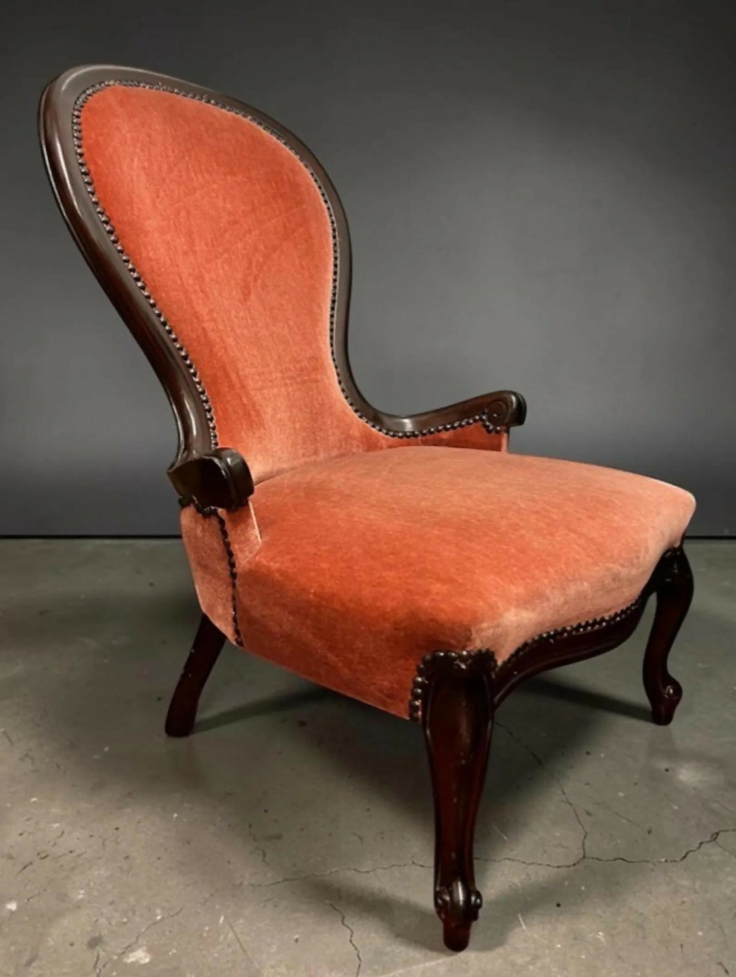 Antique Victorian Slipper Chair, Mahogany Frame, Rust Upholstery, Nursing Accent Furniture