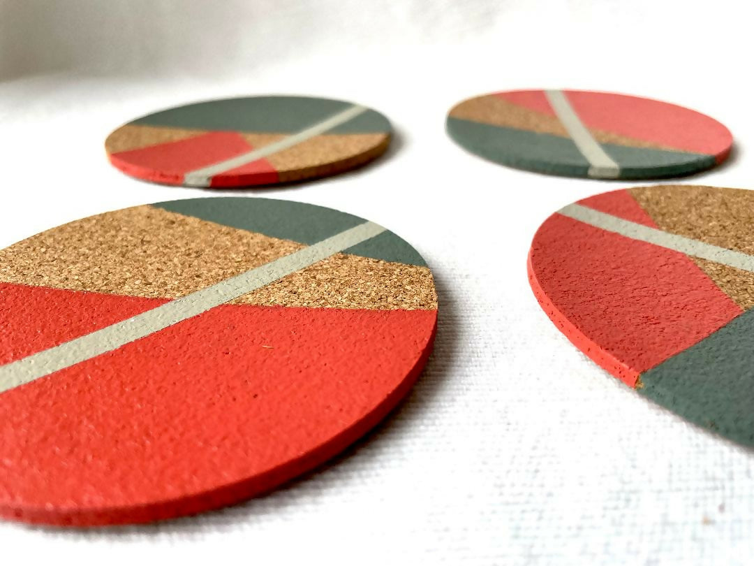 Set of 4 Cork Coasters - Hand Painted Geometric/Modern Design (Coral/Green/Grey)