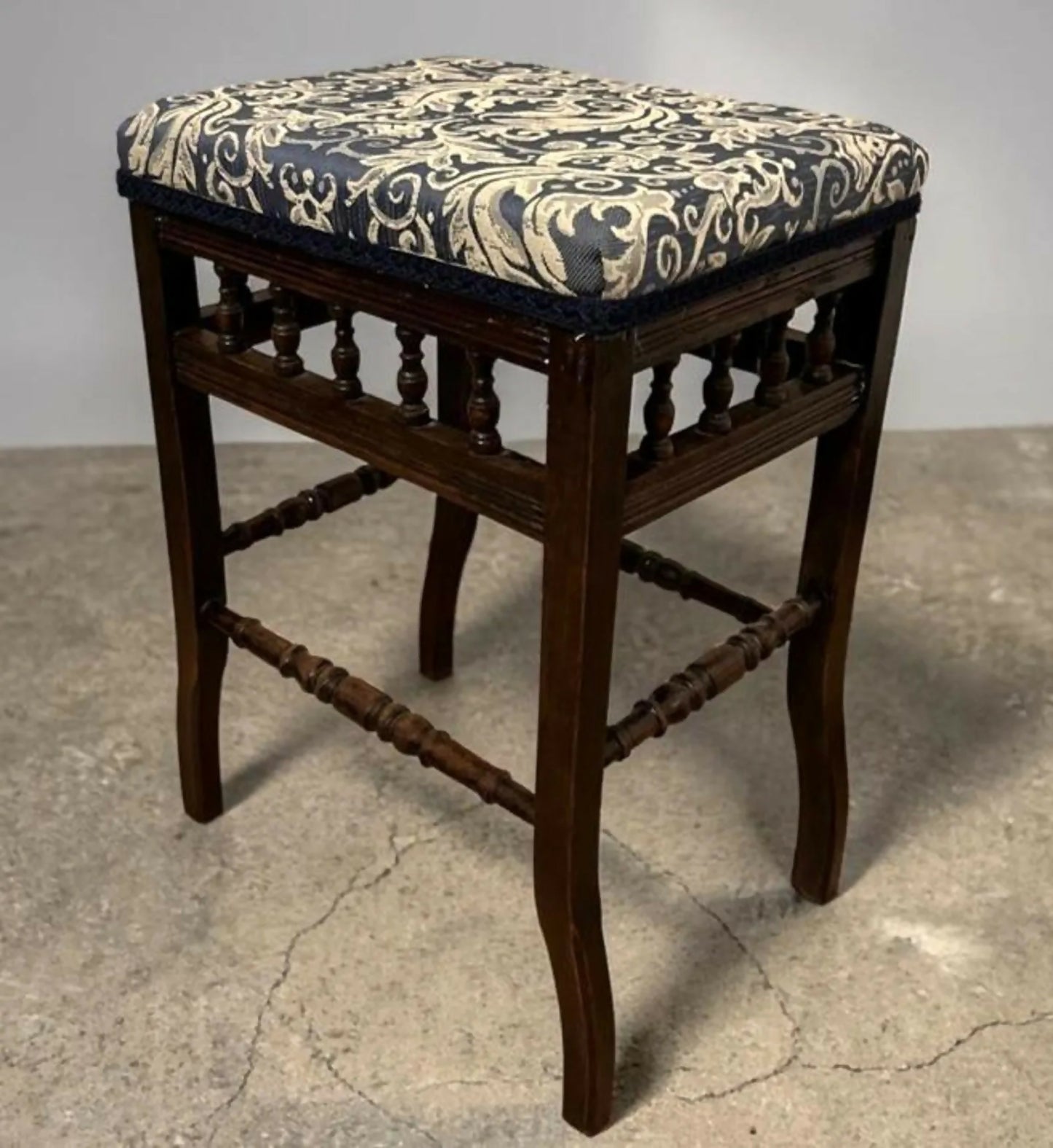 Vintage Upholstered Stool Wooden Frame Turned Legs Spindle Detail 54cm Height