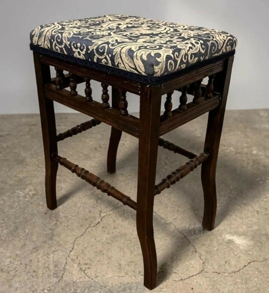 Vintage Upholstered Stool Wooden Frame Turned Legs Spindle Detail 54cm Height
