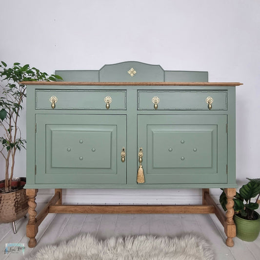 Vintage Oak Sideboard Painted in Green with Oak Top and Barley Twist Legs