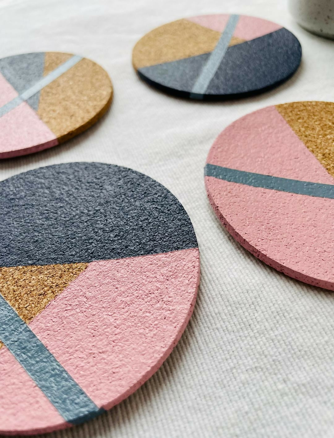 SOLD Set of 4 Cork Coasters - Hand Painted Geometric/Modern Design (Pink/Pale Blue/Navy)