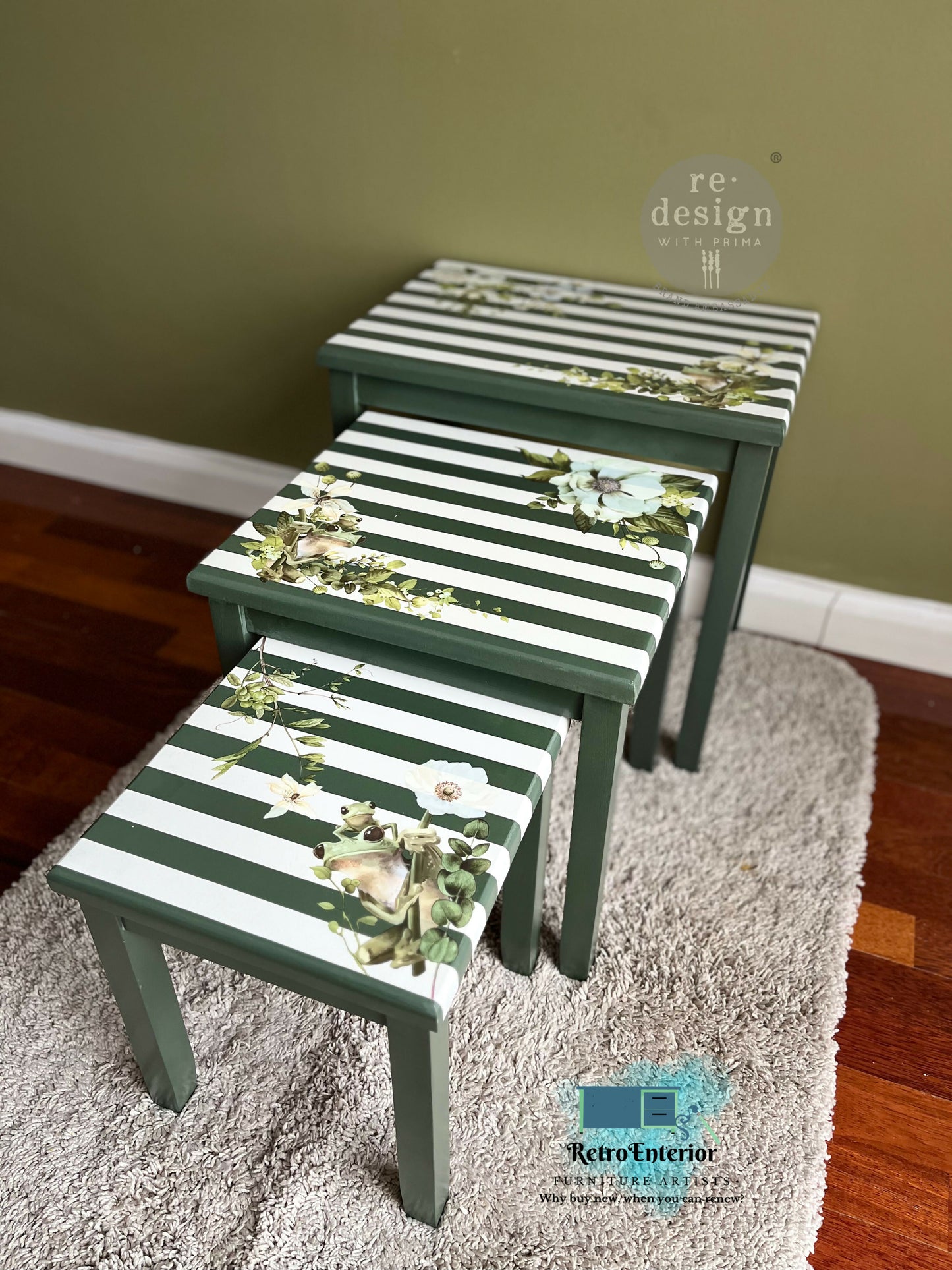 Whimsical Frog and Floral Green & White Striped nested Tables