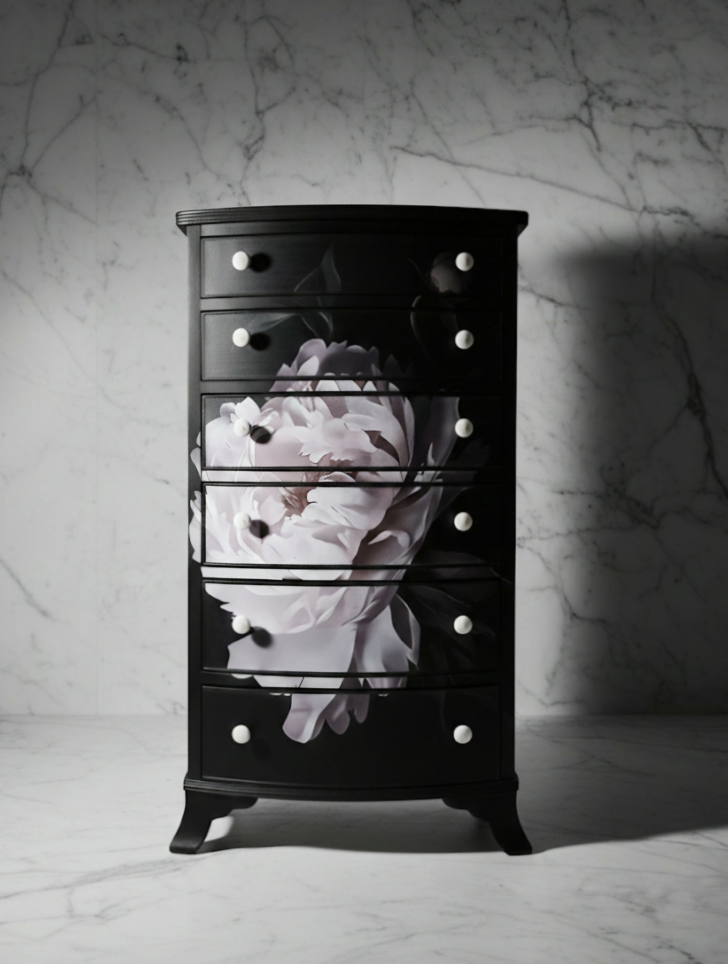 Opaline Bloom – Dark Luxe Bow-Front Vintage Chest of Drawers, Black Floral Decoupage, Gold & Pearl Handles