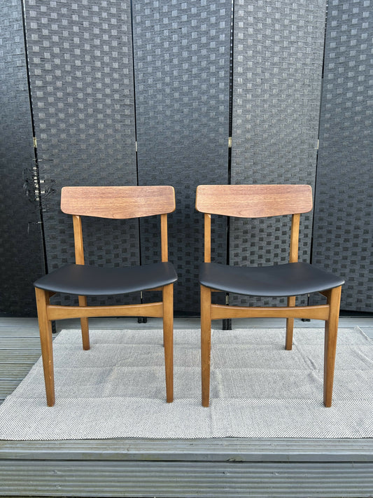 Pair of Vintage Mid-Century Danish Dining Chairs Black Vinyl
