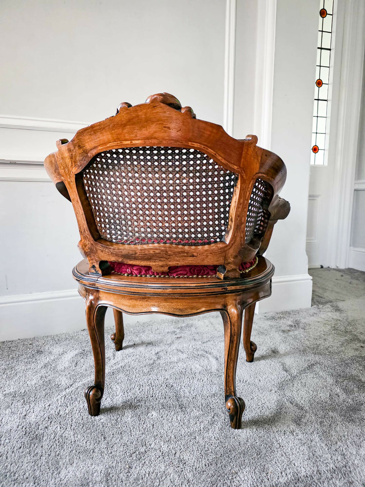 Early 20thC Walnut Framed Bergere Caned Back and Sides Raised on Cabriole Legs