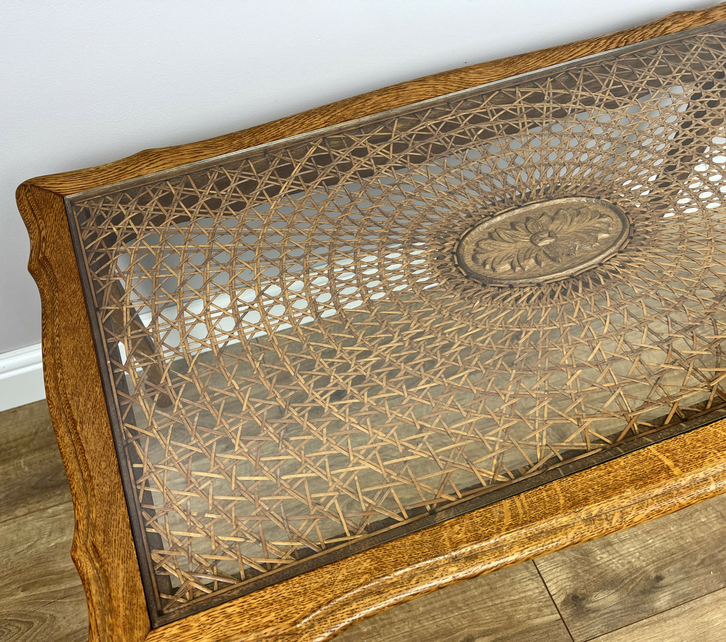 Coffee Table Vintage French Style Oak Carved Glass Top Side Table LOT 6310