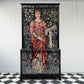 Black vintage linen cabinet decorated with tappestry print by Sir Edward Burne-Jones in the room