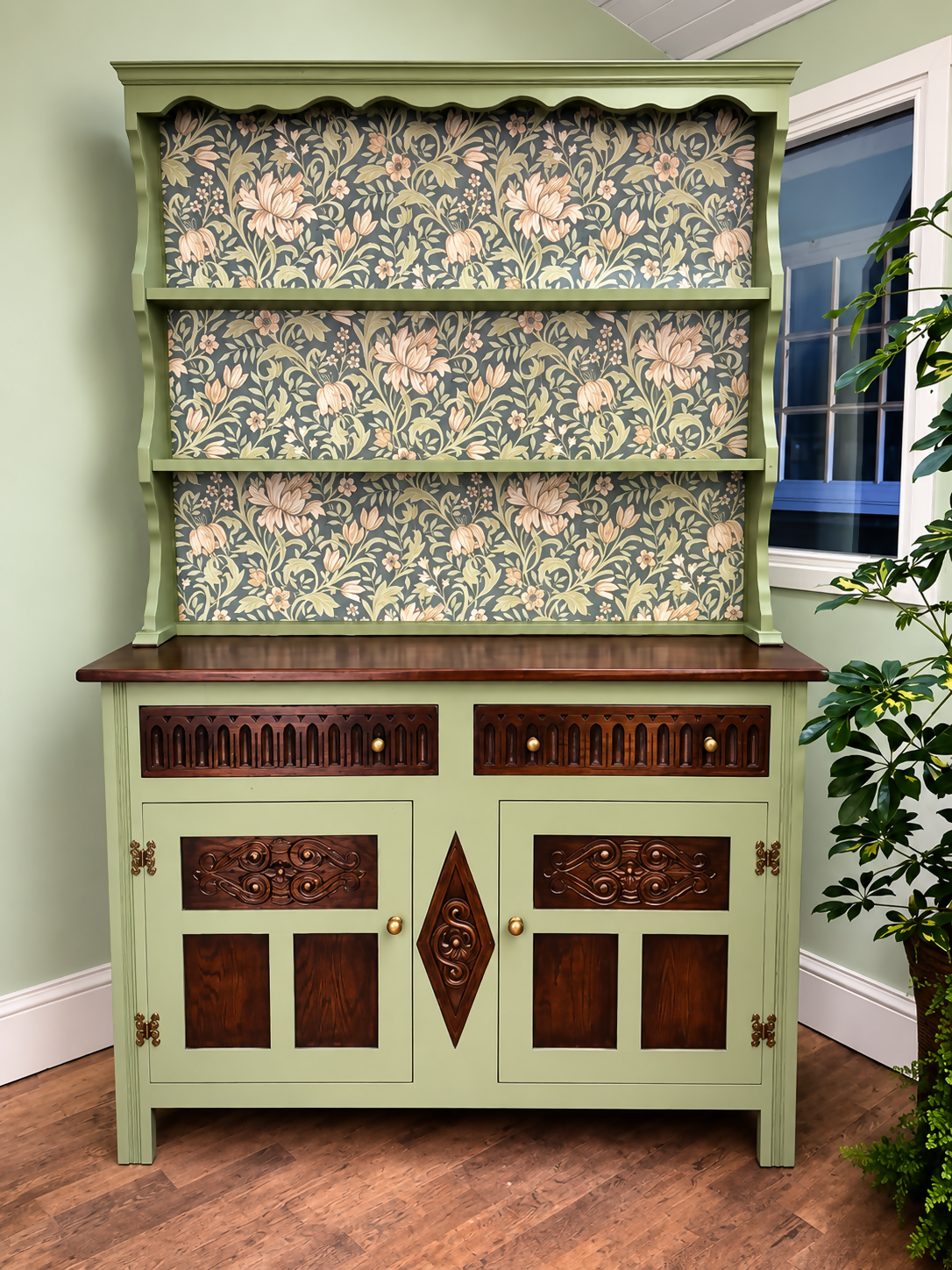 Vintage Welsh Dresser - Green, Oak & William Morris-Inspired Botanical Drinks Cabinet