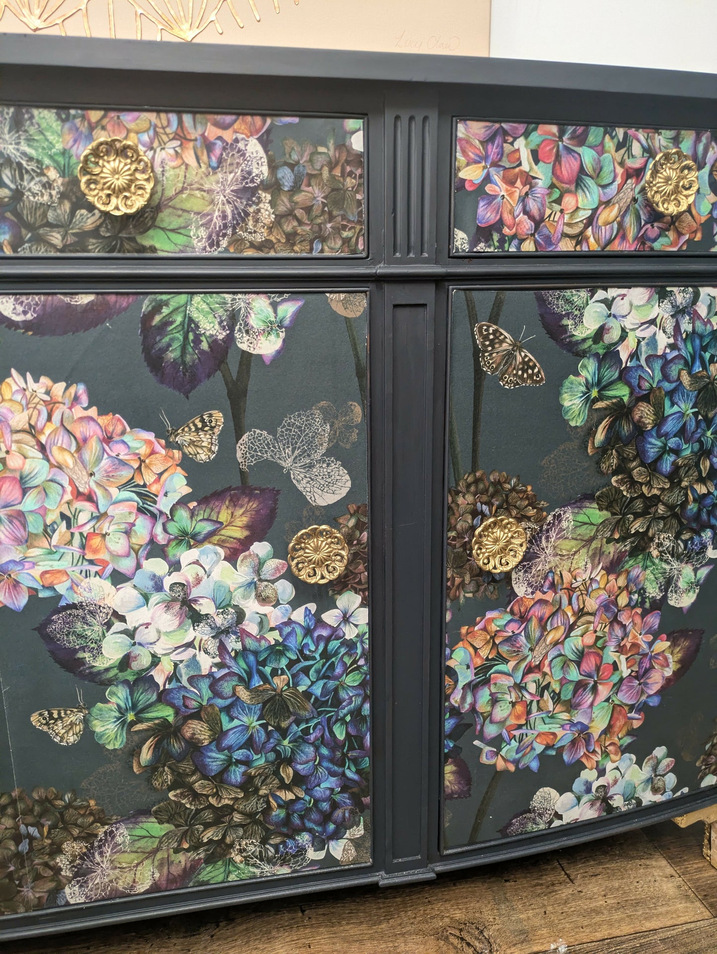 Vintage Curved Mahogany Sideboard Painted in Navy with Flower Butterfly Hydrangea Print