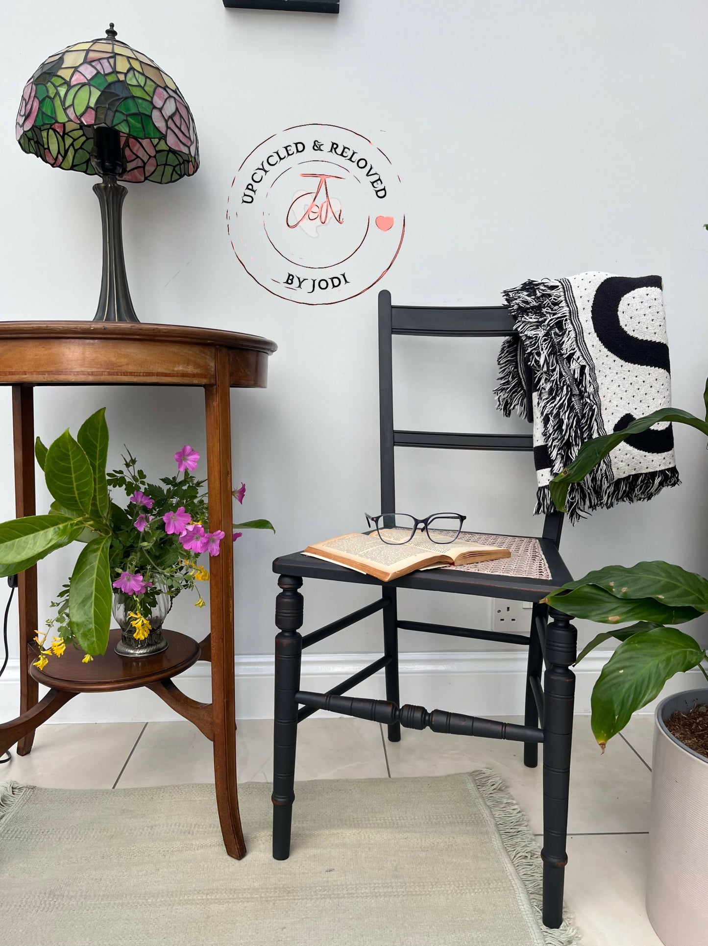 Edwardian chairs with rattan seats, lightly distressed in Ash Black- PAIR OF 2 CHAIRS