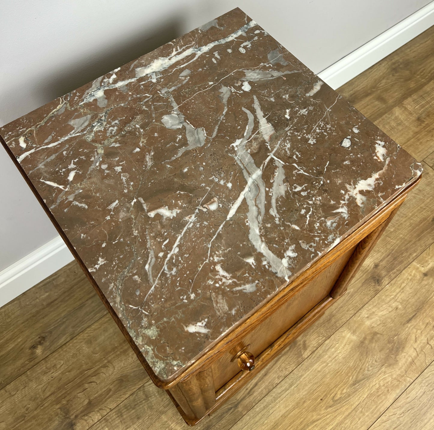Pair of Bedside Tables Antique French Style Oak Marble Top Cabinets LOT 6218