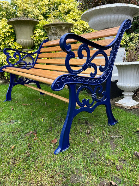 Cast Iron and Oak Garden Bench finished in Cadburys Blue